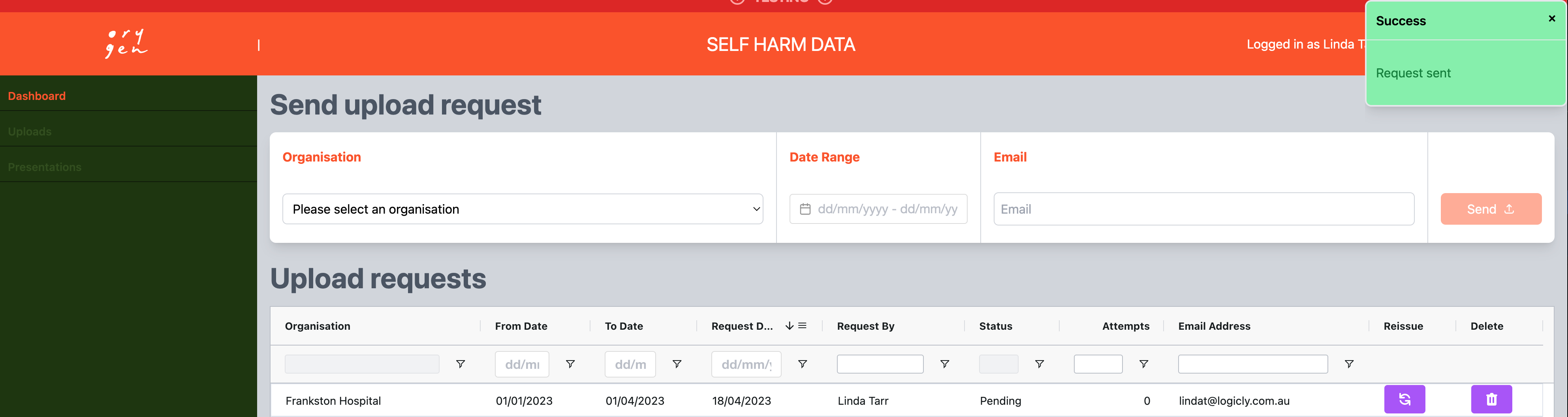 Orygen ED App - uploads dashboard