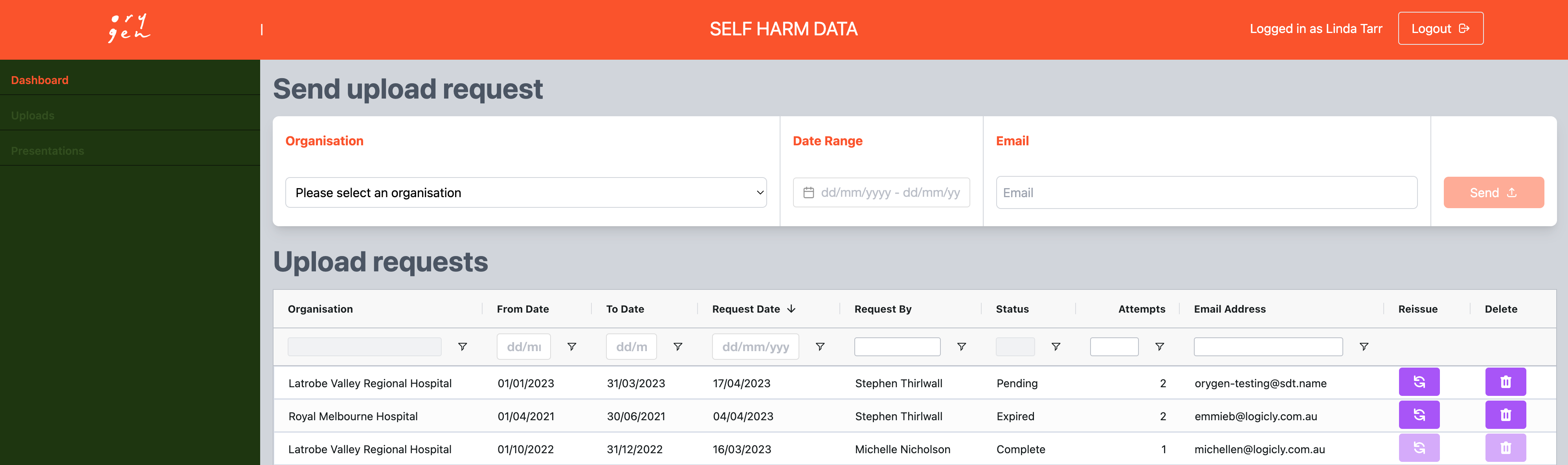 Orygen ED App - uploads dashboard